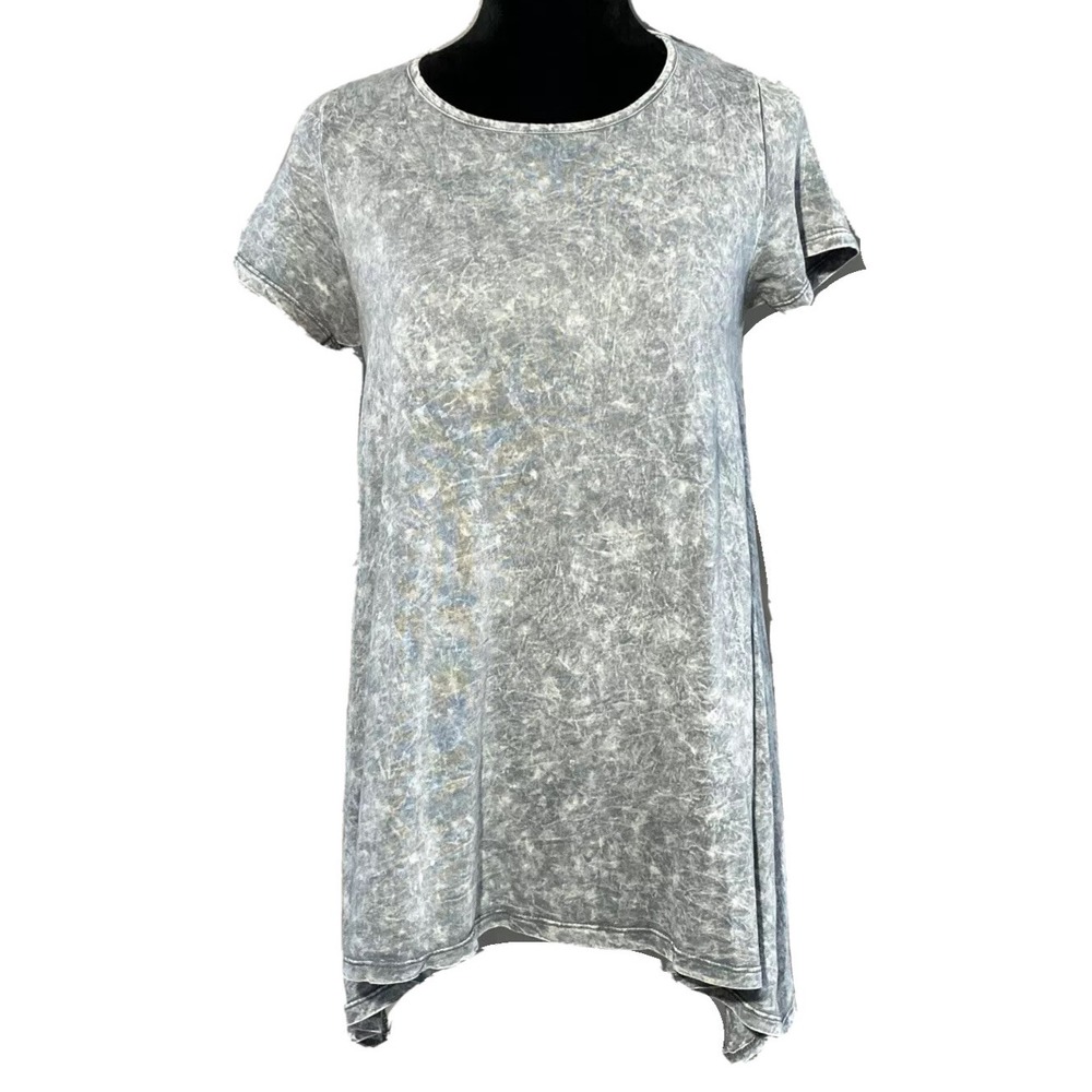 American Rag Top SMALL Gray Wash Lagenlook Tee Shirt Asymmetric Crochet Lace
